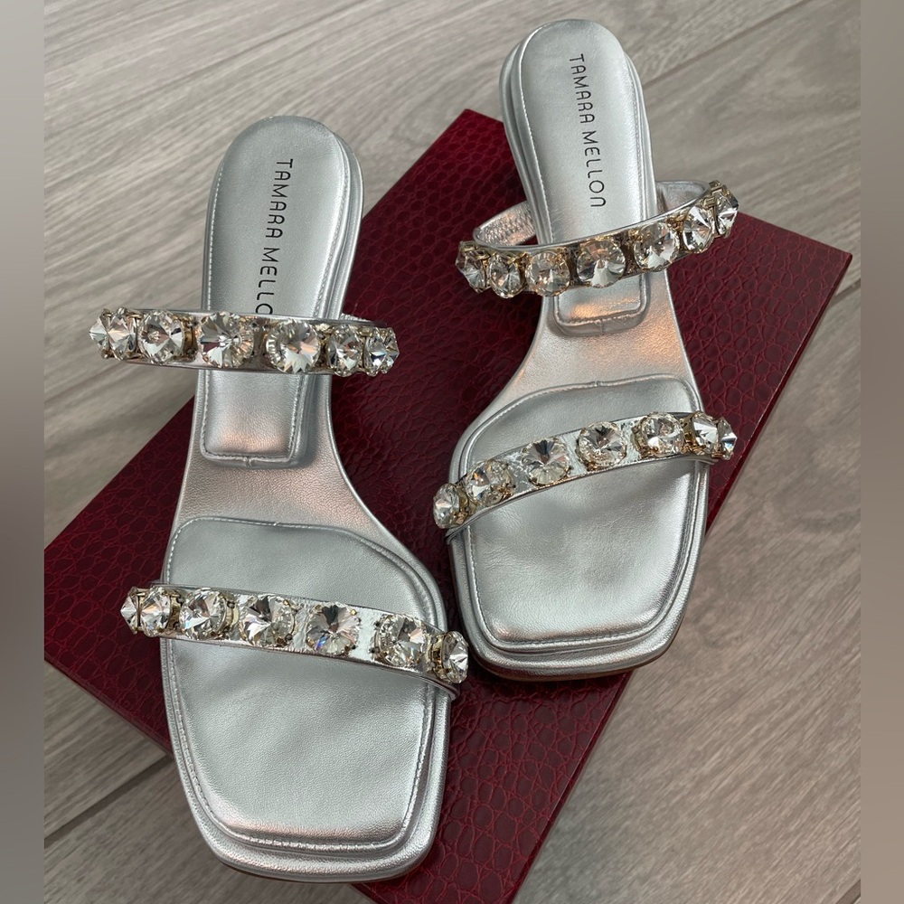 Tamara Mellon Absolute Crystal 40MM Silver Sandals Heels NIB 8.5/38.5